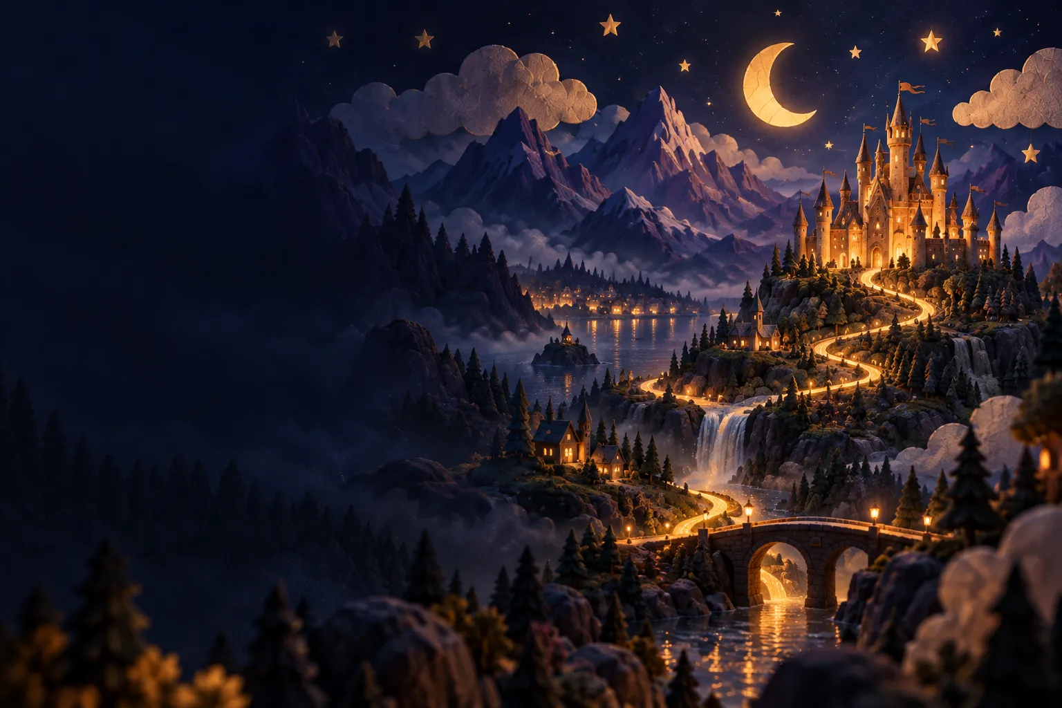 A golden path winds through a moonlit mountain valley toward an illuminated castle.