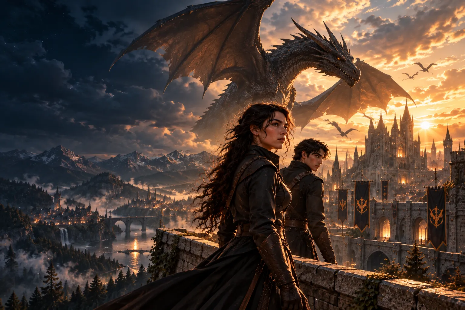 A dragon soars above two adventurers and a fantasy castle in the golden evening light.