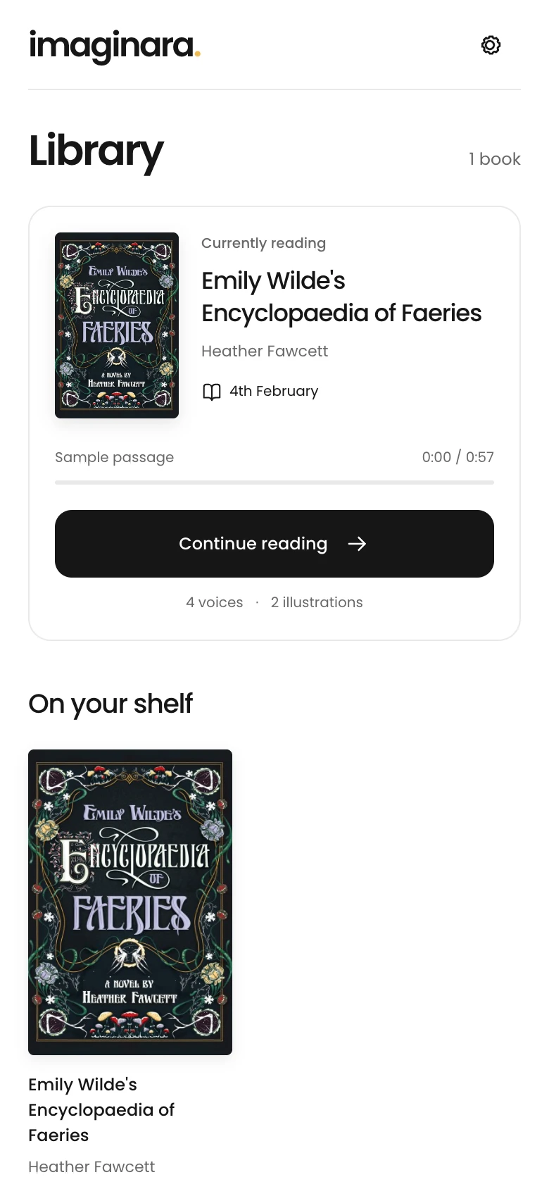 Imaginara library showing Emily Wilde’s Encyclopaedia of Faeries, its book cover, reading progress, and Continue reading button.