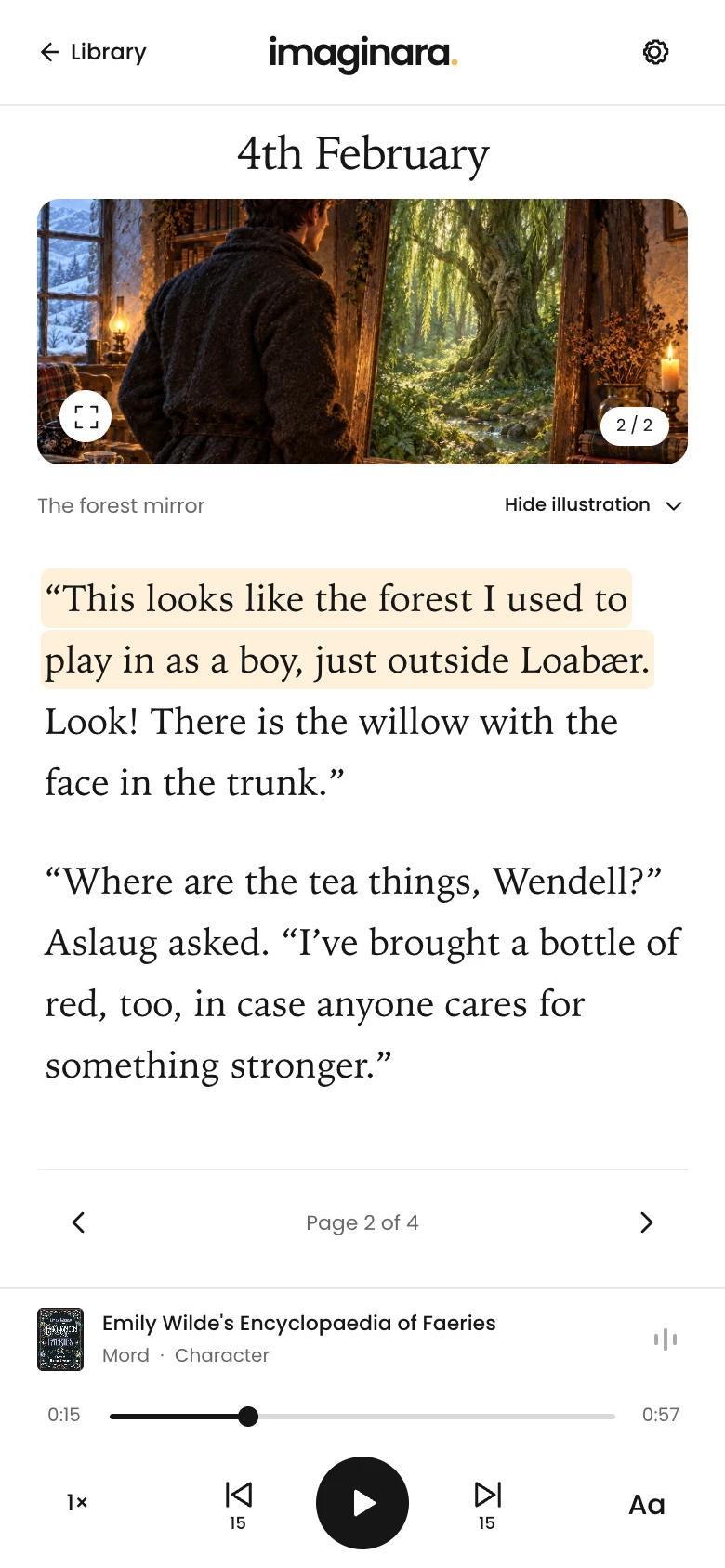 Page 2 of the demo passage with a forest mirror illustration, highlighted dialogue, and paused narration at 15 seconds.