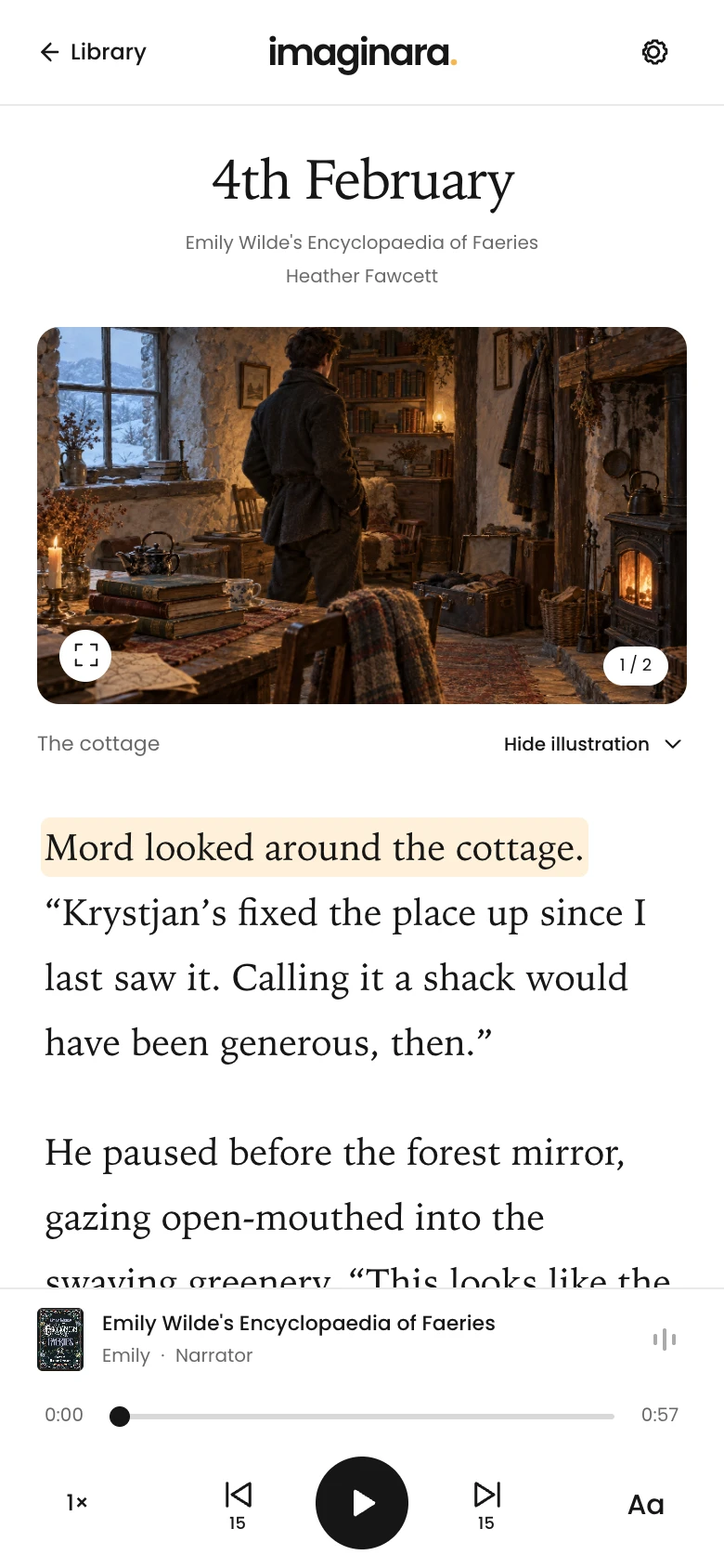 Illustrated opening page of Emily Wilde’s story, with highlighted text and narration controls.