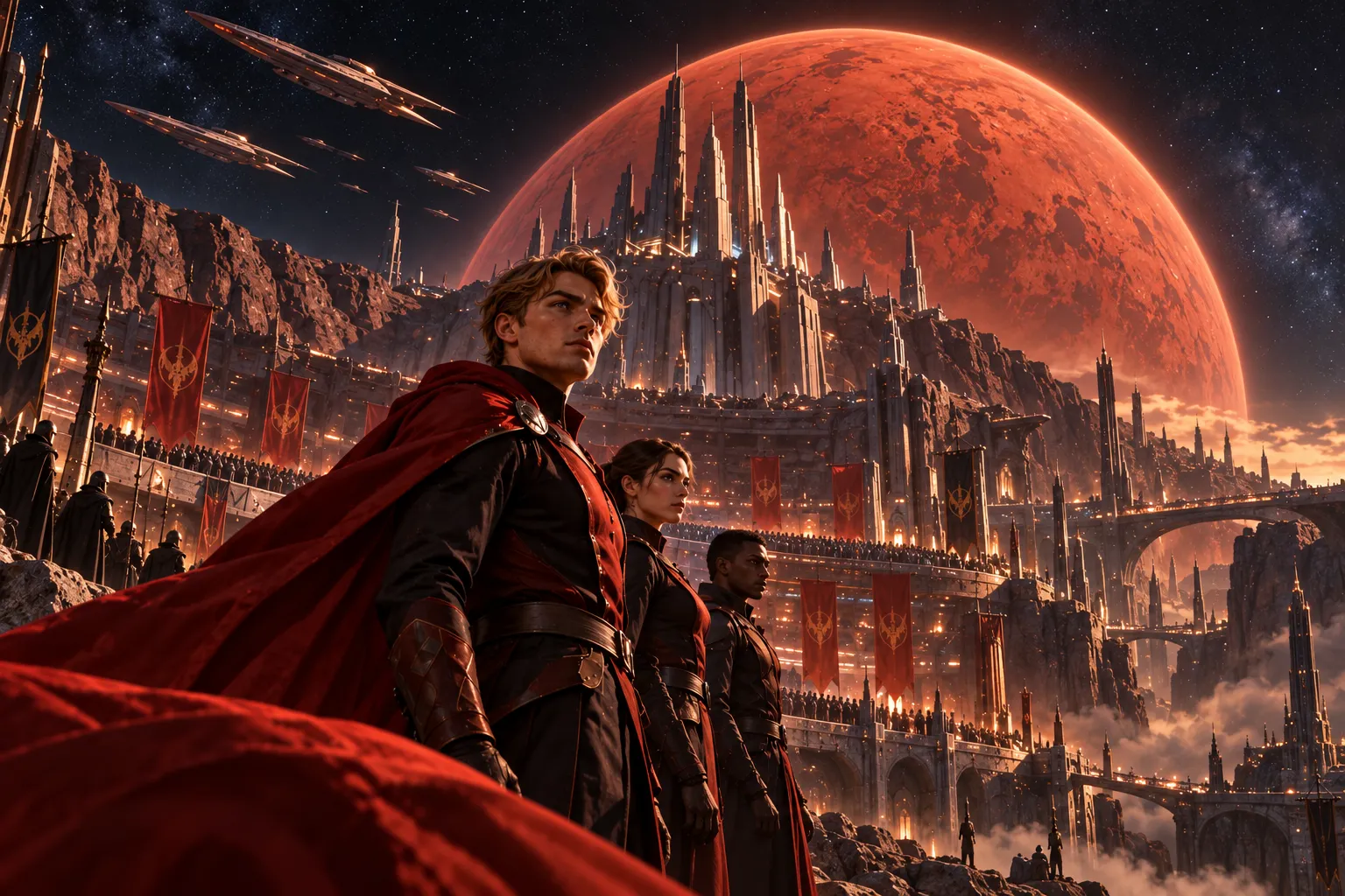Red-cloaked adventurers overlook a futuristic city beneath an immense red planet and passing spacecraft.