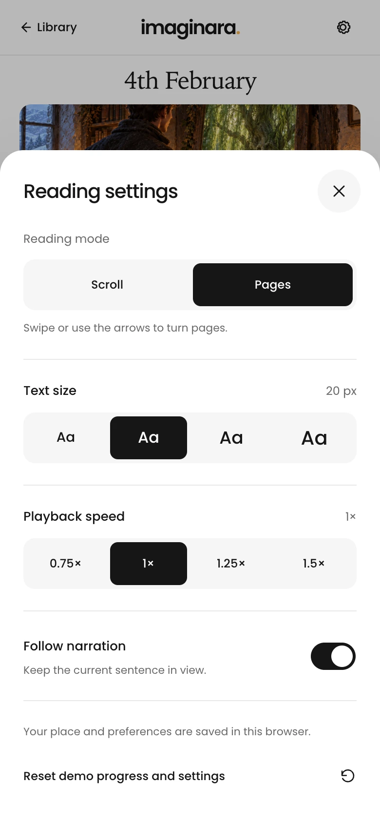 Reading settings with Pages mode selected, 20-pixel text, normal playback speed, and Follow narration enabled.