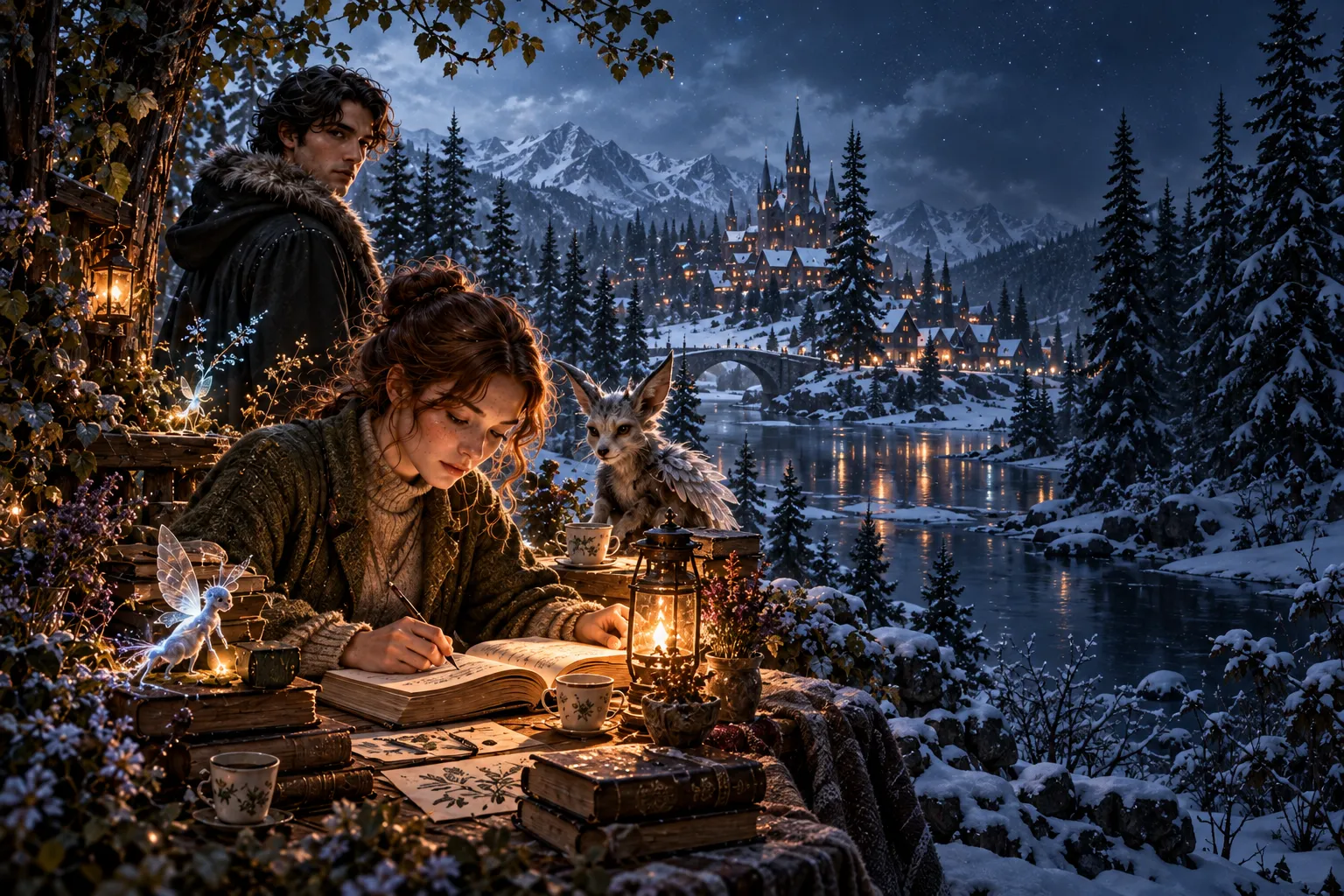 A young writer and magical creatures gather around an open book, with a snowy castle and a cloaked companion nearby.
